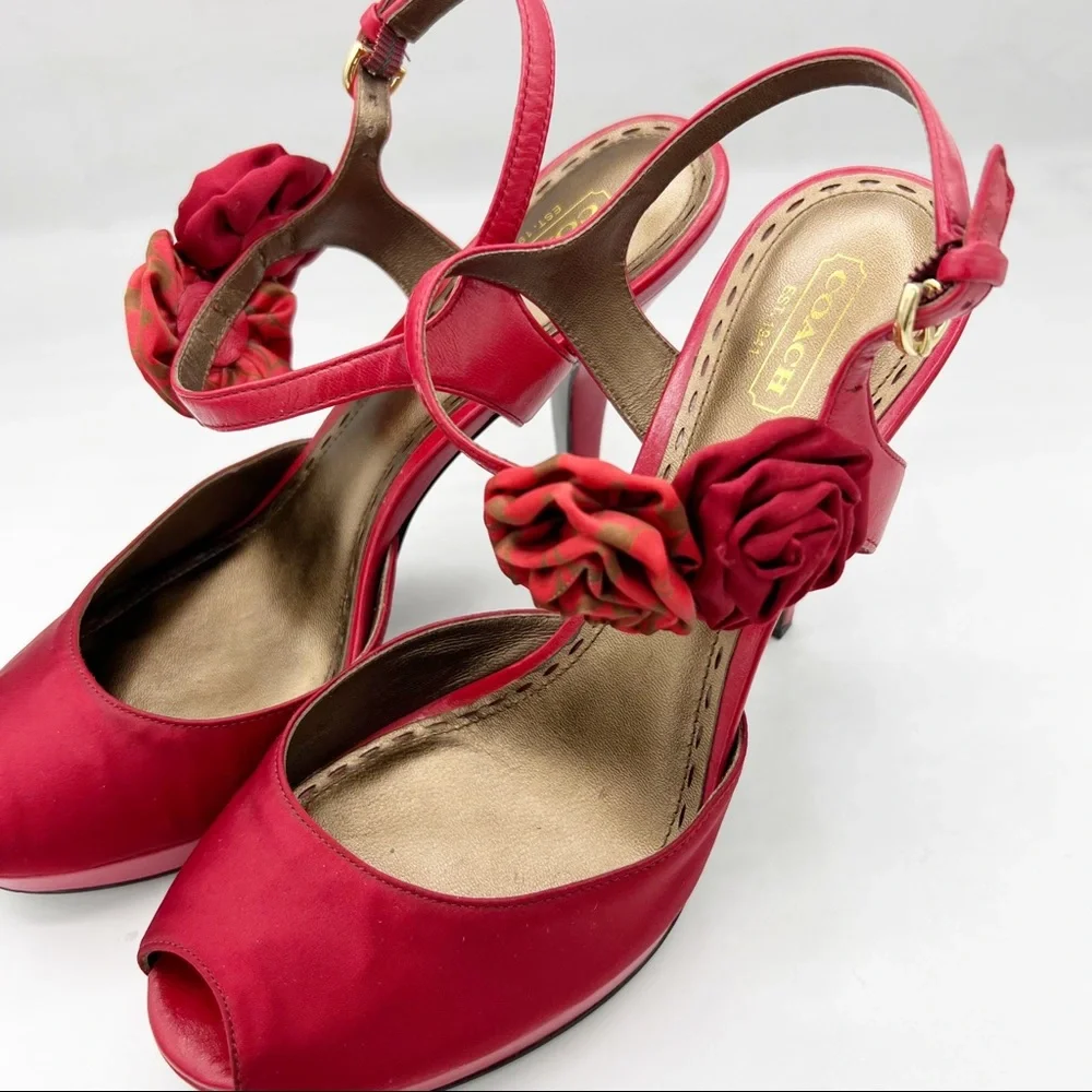 Coach Addysen Red Leather & Silk Rosette Heeled Peep Toe Shoes, Size 9.5B (Med)